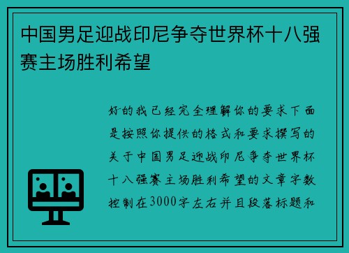 中国男足迎战印尼争夺世界杯十八强赛主场胜利希望